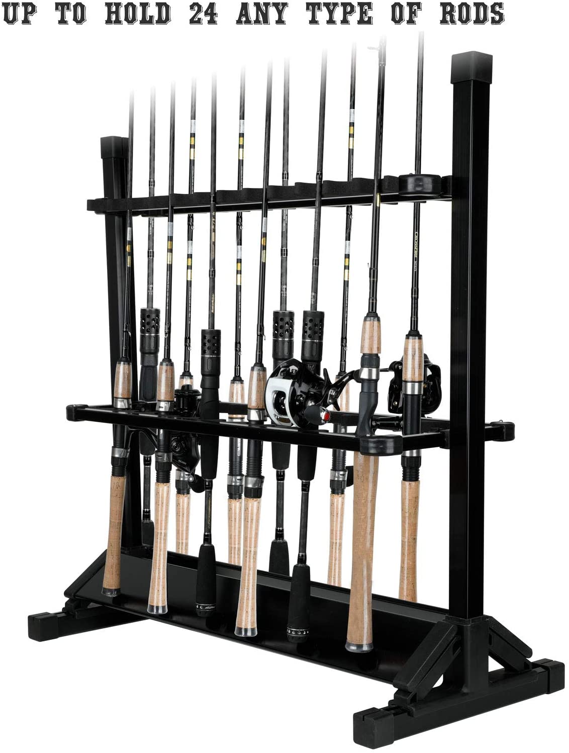 LUXHMOX Fishing-Holder Stand displaying 24 fishing rods organized neatly with reels attached, showcasing its sturdy and space-saving design.